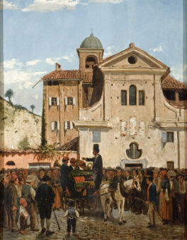 Erminio Fanti, “Calesse con musicisti in piazza di paese (Chiesa di Santa Croce a Parma)”